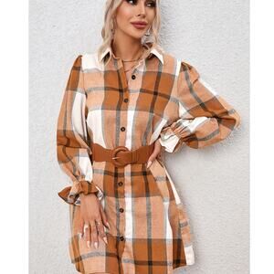NWT  khaki pattern collared neck ruffled sleeve shirt dress